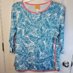 Ruby Rd. Women's Blue Leaf‎ Print Long Sleeve Top Size L